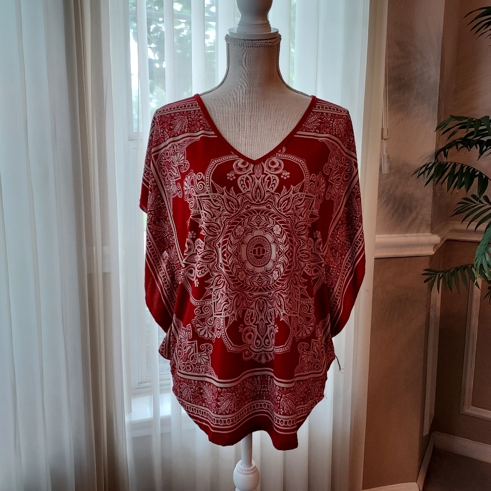 AGENDA RED and BEIGE VNECK BLOUSE